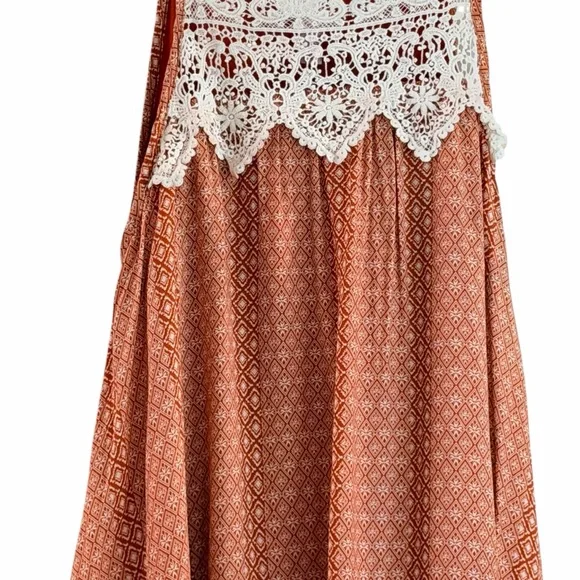 Alya Boho Rust Diamond Print Crochet Lace Trim Slip Boho Dress Medium - Picture 3 of 6